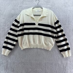 Carly Jean LA Sweater Womens L Ivory Black Striped Polo Pullover V-Neck Relax